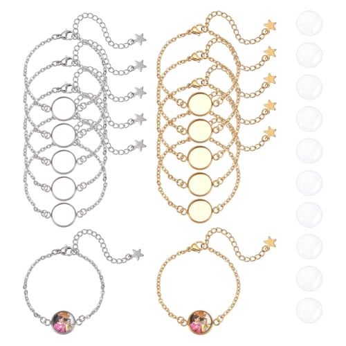 UNICRAFTALE 10 Sets 2 Farben Armband Lünetten 304 Edelstahl Lünetten Armbänder Blanko Tablett Armreifen 12mm Flache Runde Klarglas Cabochons Armband Rohlinge Zum Basteln DIY Schmuckherstellung