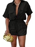 Euulin 2 Piece Outfits for Women Button Down Lightweight Short Sleeve Tops Shirts Lounge Casual Summer Shorts Sets with Pockets black L