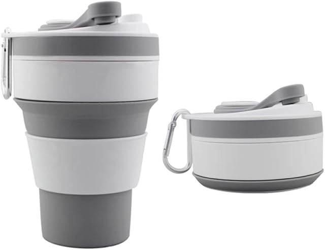Collapsible Coffee Cup, Reusable Silicone Coffee Cup Portable Coffee Mugs 350ml/12oz Foldable Pocket Travel Mug Food Grade Cup Takeaway Coffee Cup with Lids (Grey)