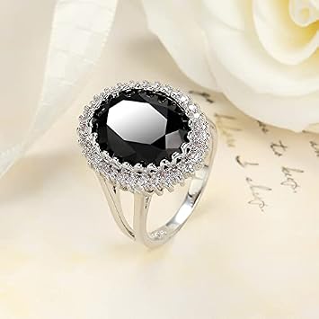 925 Sterling Silver Women'S Fashion Shiny Diamond Ring 3d Cut Oval Black Diamond Zircon Ring Romantic Cocktail Gem Ring Wedding Engagement Jewelry (O)