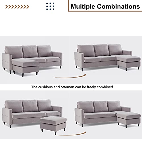 Merax Reversible Sectional Sofa With Handy Side Pocket，Living Room L-Shape 3-Seater Couch With Modern Linen Fabric Sofabed, Grey #TOP4