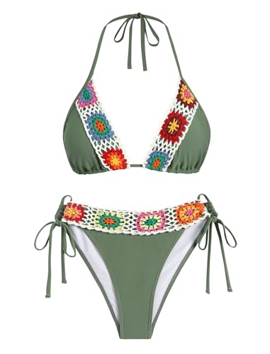 ZAFUL Women's Halter Triangle Bikini Set Crochet...