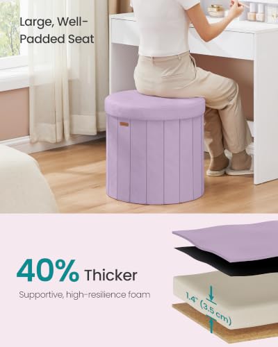 Image of SONGMICS Mazie Collection - Round Storage Ottoman, Folding Footrest Stool with Removable Lid, Easy Assembly, Velvet Vanity Stool for Bedroom, Living Room, Entryway, Purple ULSF608PE01