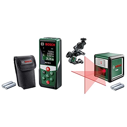Bosch Laser Range Finder PLR 30 C & Bosch Cross line Laser Quigo with Universal clamp MM 2 (Easy and Precise Alignment with Flexible Positioning of The Tool Thanks to The Universal clamp)