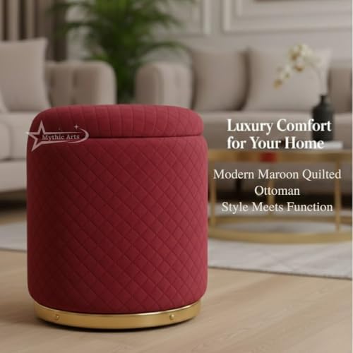Image of Premium Round Storage Ottoman Stool 13 X 13X 16 inch, with Gold Metal Base | Luxury Pouffe with Hidden Storage | Cushioned Footrest for Living Room, Bedroom & Lounge Maroon