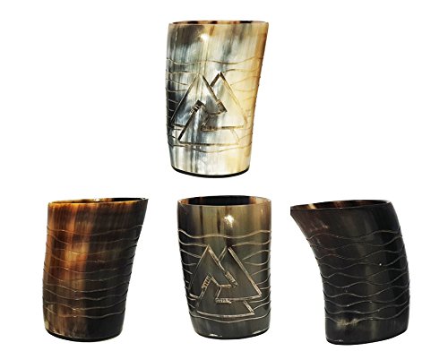 Branded Whiskey Shot Glasses Set Odin And Waves Hand Engraved & Handcrafted Natural Horn Glass Polished Glass 4 Inch Idea For Gift Party And Cold Drink Serve In That Made Of Bull Horn 10-12 Oz #TOP4