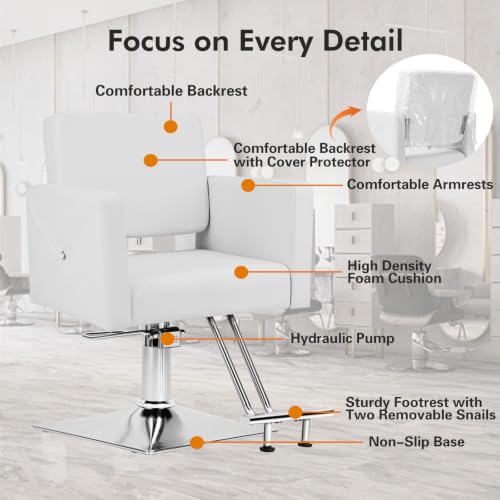Image of Artist hand Barber Salon Chair for Hair Stylist with Back Cover, White | Heavy Duty Hydraulic Pump, Adjustable Height, 360 Swivel, Padded Armrest, Professional Styling Chair, Beauty Salon Equipment