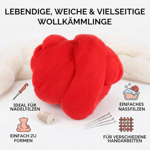 Cikonielf Nadelfilzen Starter-Set Schurwolle Kammzug Rot – Bild 4