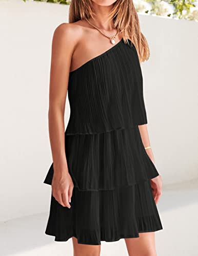 Image of ZESICA Women's Boho Summer One Shoulder Sleeveless Ruffle Tiered Layered Chiffon Pleated A Line Flowy Mini Dress