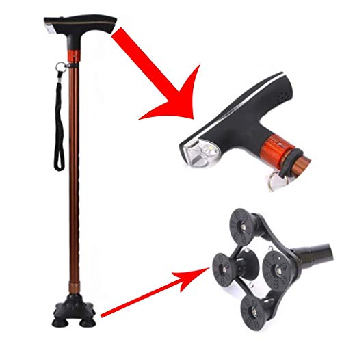Krücken Vierbeiniger Cane Teleskop mit Lichtern mit Alarmanlagen Aluminiumlegierung Teleskop-Gehstock Gehstock, Braun