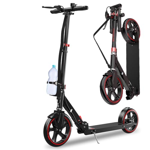 ZQHQKJ Scooter for Kids Ages 6+, Teens and Adults, 4 Adjustable Levels, Max Load 300 LBS, Foldable 9IN Big Wheel Adult Scooters with Hand Brake & Shock Absorption, Bearing ABEC9,Black red