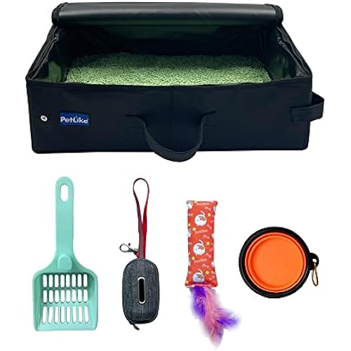 PetLike Travel Cat Litter Box, Waterproof &Leak-Proof Portable Litter Box with Handle and Scoop for Small Medium Cats (Large, Black Set)