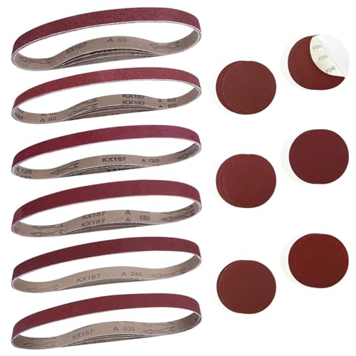 48PCS Sanding Belts and Sanding Discs Set for Power Combination Disc & Belt Sander 1x30 Inch Aluminum Oxide Sanding Belts Kit and 5 Inch PSA Self Adhesive No-hole Sticky Back Sanding Discs(60-400Grit)