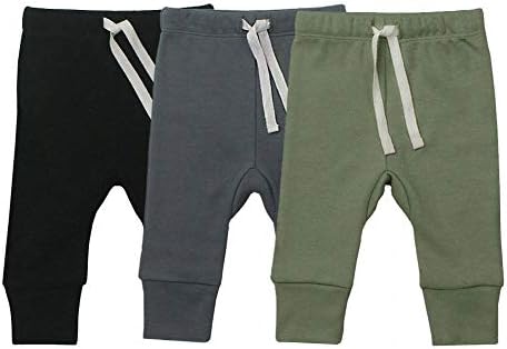 HonesBorn AIUI-HARNSBORN Baby Unisex 3-Pack Pants, Infant Boys Girls Cotton Tapered Ankle Pants(6-12 Months, Black/Slate Gray/Sage)