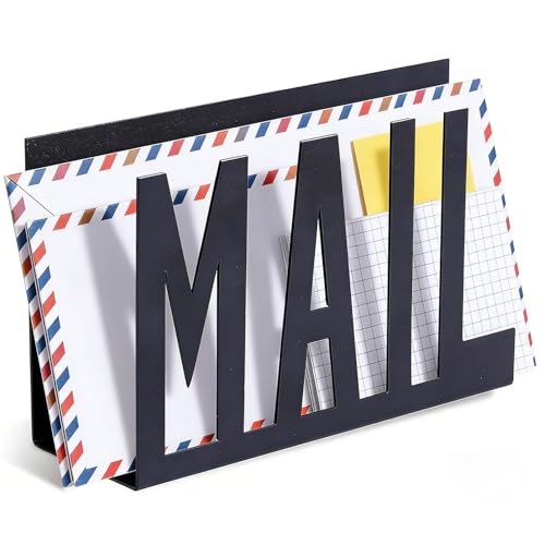 Black Metal Letter Holder for Home, Cutout Mail Lettering Design Mini Desktop Letter Rack, Tabletop Mail Organizer for Home Entryway Living Room Office, 15 * 5 * 10cm