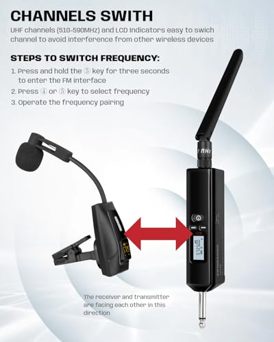 Image of Saxophone Microphone, UHF Rechargeable Wireless Instruments Microphone System with Transmitter and Receiver 196ft Range, Clip on Condenser Mic for Trumpet, Trombone, Saxofon, Most Brass Instruments