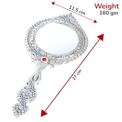 Image of KridayKraft Beautifully Carved Round Shape Silver Plating Hand Mirror for Makeup, Travelling, Salon Mirror & Decorative Mirror Antique Item for Wedding Gifts.
