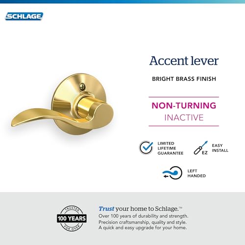 Image of Schlage F170 ACC 605 LH Left Handed Accent Door Lever, One Sided Non-Turning Dummy Door Handle, Bright Brass