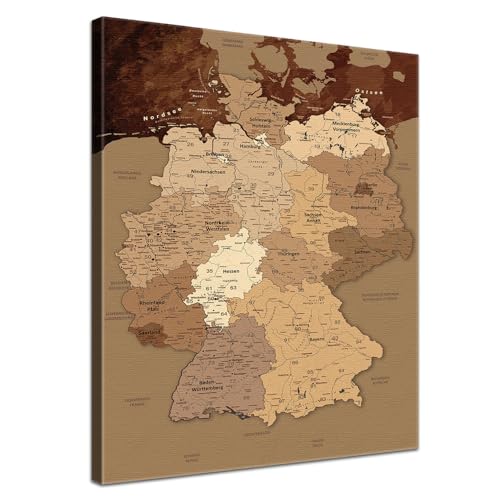 LANA KK - Premium Pinnwand Deutschlandkarte - Antik - Deutsch - in 40 x 60 cm, stabile Rückwand zum Pinnen inkl. Starterkit - Leinwand-Kunstdruck Wandbild Landkarte XXL