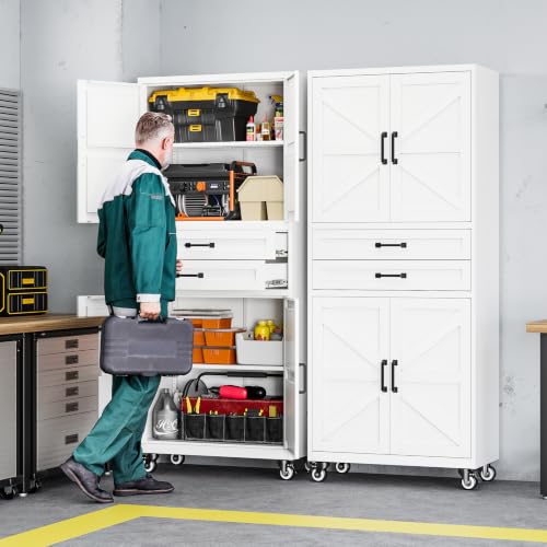 Image of Letaya Metal Garage Storage Cabinets with Wheels,White Rolling Tool Cabinet