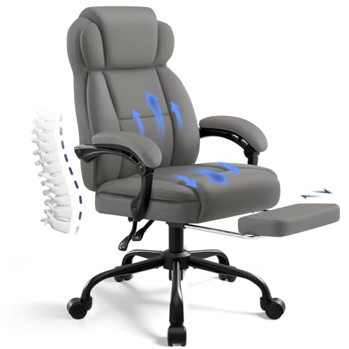 AreShark Ergonomic Office Chair with Footrest,PU Leather Executive Desk Chair Padded Linkage Armrests,Lumbar Support,Swivel Computer Chair for Home Office & Gaming,Gray