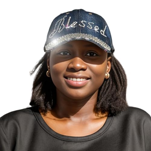 Popfizzy Sombrero brillante para mujer, divertida gorra de béisbol con diamantes de imitación, sombrero de mezclilla desgastado, regalos hechos a mano para mujeres y niñas, Blessed Hat Script (azul