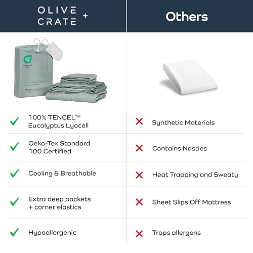 Image of Olive + Crate Tencel Lyocell Eucalyptus Queen Size Sheet Set - Cooling Tencel Sheets for Hot Sleepers with 18 Inch Deep Pocket Fit - Eucalyptus 4-Piece Set