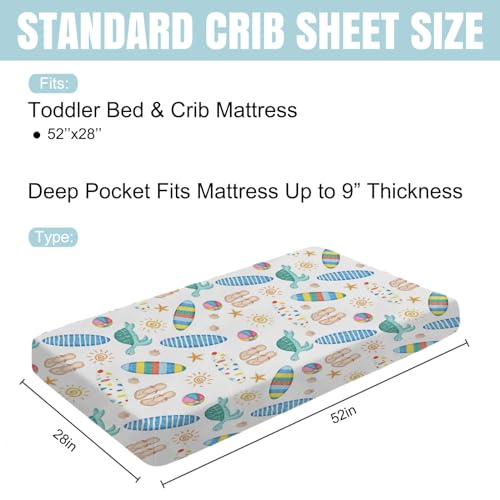 Image of Boho Summer Beach Surf Baby Crib Sheet 52''x28'' Colorful Surfboard Sun Turtles Stretchy Fitted Crib Mattress Sheet for Boy Girl Holiday Soft Baby Bed Sheets for Standard Crib and Toddler Mattress