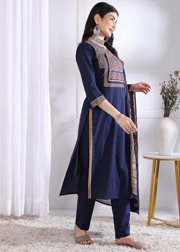Image of Vbuyz Women Ajrakh With Yoke design Cotton Straight Kurta Set With Dupatta
