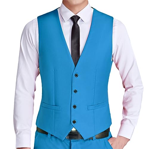 Image of Dninmim Men's Solid Suit Vest Casual Breasted Slim Business Waistcoat For Party Wedding Sky Blue L