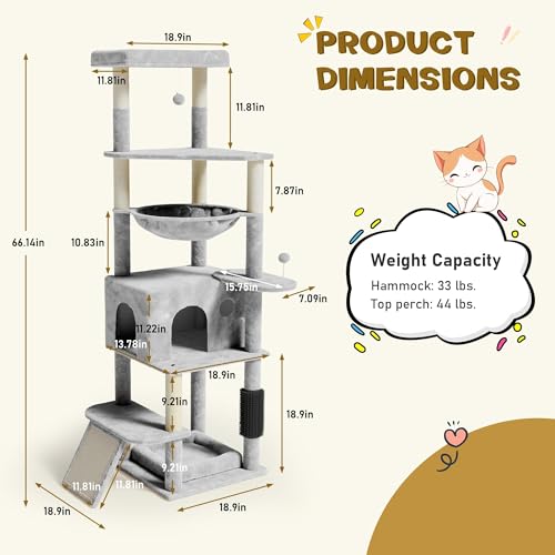 Image of Multi-Level Large Cat Tree, 66 Inches Tall Cat Tower with Scratching Posts, Condo, Hammock, Dangling Ball,and Extended Platform for Cats to Play and Sleep,Gray Cat Bed