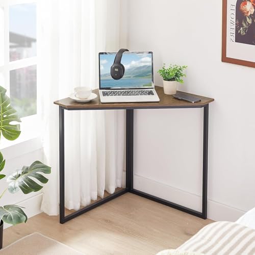 VECELO Corner Desk,Office Tables for Living Room for Small Space Triangle Computer Desk with Steel Frame Corner Shelves with Metal Frame Writing Desk for Workstation Rustic Brown 33.1" 2 Set - Image 2