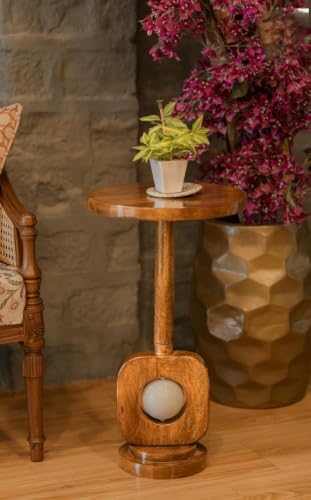 Image of Little eXtra Handcrafted Solid Wood Round Side Table with Wooden Base | Wooden Accent Table for Living Room, Bedroom & Sofa Corner | Premium Mango Wood End Table