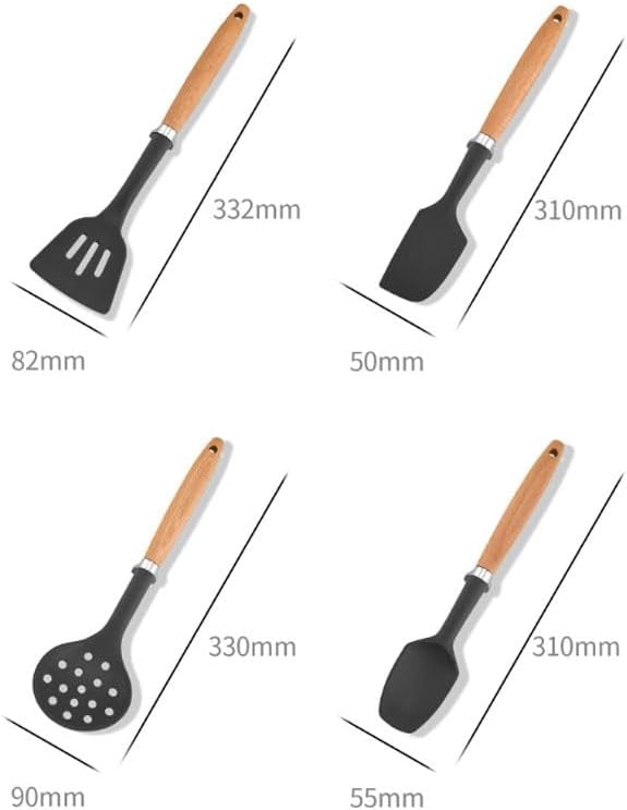Solid Wood Handle with Stand Silicone Baking Tools Kitchen Cooking Spatula Spoons Storage Seat