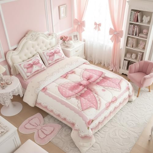 Manfei Pink Bowknot Comforter Set,Vintage Lace Polka Dots European Princess Bedding Set for Teens Adults Room,Fairy Tale Cute Bow-tie Roses Retro Beige Duvet Insert 3 Pcs with 2 Pillowcases,Queen