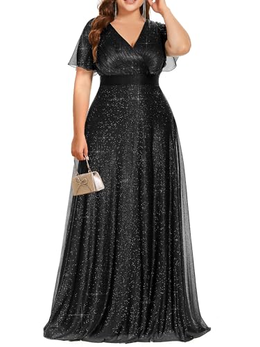Ever-Pretty Plus Women's Glitter V-Neck Short Flutter Sleeve Floor Length A Line Plus Size Formal Dresses Eveing Gowns