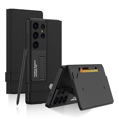 Image of Midkart Leather Flip Cover Compatible with Samsung Galaxy S25 Ultra with Card Holder Built-in Kickstand Magnetic Belt Lock Inner Hard PC with Full Body and Camera Protection, Black