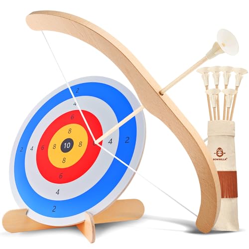 BOWRILLA® Arc et flèches en bois pour enfants avec 6 flèches à ventouse, cible en bois et carquois | Jouet de tir à l'arc ambidextre pour enfants à...