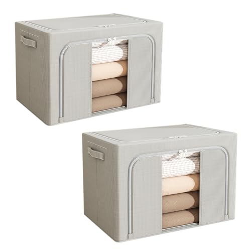 Resszo Clothes Storage Boxes with lids & zips,2Pcs Foldable Oxford Cloth Steel Frame Stackable Waterproof Storage Box Bag,Clear Window & Carry Handles,for Wardrobe Organiser,Bedding,Blankets,Duvets