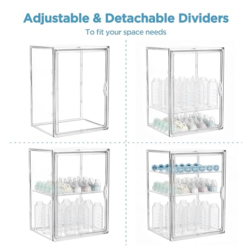 Image of HBlife Baby Bottle Storage Organizer for Countertop Cabinet, 3 Tiers Adjustable Clear Acrylic Bottles Storage Station Case Box Container with 2 Removable Dividers and Magnetic Door, X-Large