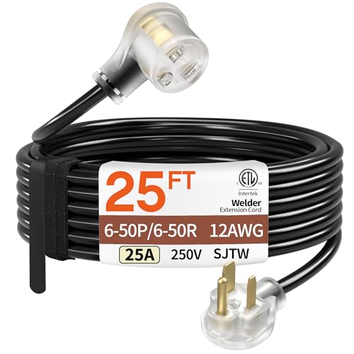 25FT 25A 12 Gauge Welder Extension Cord NEMA 6-50P to 6-50R
