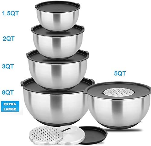 Zonegrace Stainless Steel Nesting Mixing Bowls Set of 5 with Lids, Measurement Lines & Silicone Bottoms and 3 Grater Attachments, Size 8, 5, 3, 2, 1.5 QT