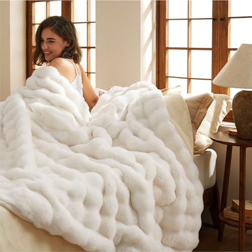 Bedsure GentleSoft Fluffy Bubble Blanket, Cozy Soft Faux Fur Throw Blanket for Couch, Fuzzy Faux Fur Decor for Bedroom Living Room, Thick Warm Furry Cozy Gifts for Women Girls Mom, Cream, 50x60 Inch