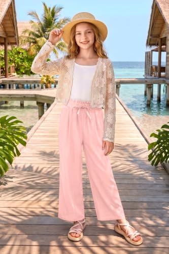 Image of Girls Summer Floral Wide Leg Pants High Waisted Flowy Dress Trousers with Pockets for School Lounge Beach 5-14 Years