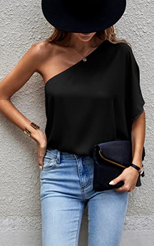 Image of Angashion Women's Summer Tops Casual One Shoulder Short Sleeves Blouses Sleeveless Tie Knot Asymmetrical Hem Tee Shirt