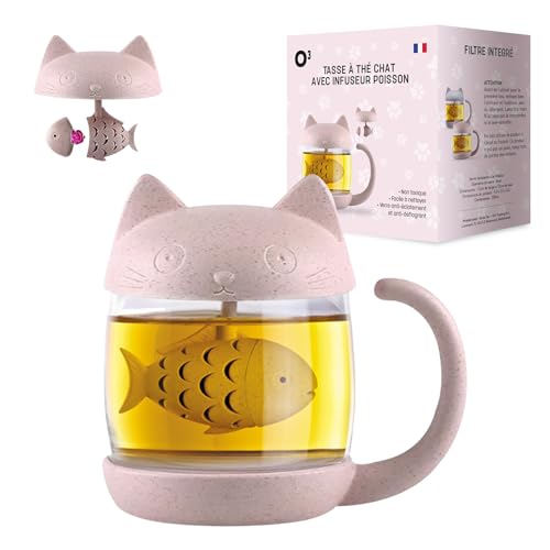Tazza Gatto, Tazza da tè con infusore, tazza per infusione, confezione in francese, 250 ml | Colore: rosa