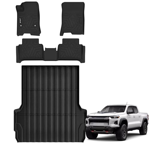 Full Set mat for 2023-2025 2026 Chevy Chevrolet Colorado SuperCrew Cab All Weather Truck Protector TPE Front and Rear RowFloor Liners with Bed Trunk Liners Accessories - Black