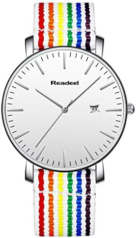 Youwen Rainbow Nylon Band Analog Quartz Men Watch Canvas Strap Women Watches with Calendar White Face