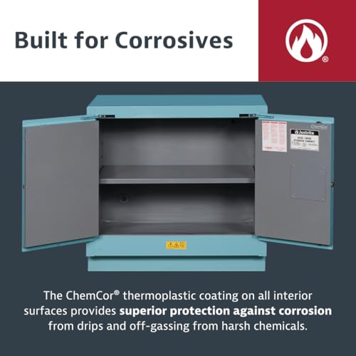 Image of Justrite Acid Corrosive Storage Cabinet - 4 Gallon 1 Door Self Close Chemical Storage Cabinet with ChemCor Coating - 17 inch x 22 inch x 17 inch - Made in The USA - Light Blue - 8904222