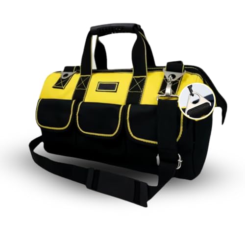 Bolsa de Ferramentas Profissional - Maleta de Ferramentas Profissional 16 Compartimentos, Preta e Amarela, Impermeável, Fundo Reforçado, Design Ergonômico em Tecido Oxford 600D, 45x24x31cm